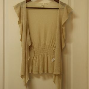 light gold crocheted Frenchi open sweater, ruffles